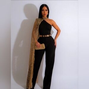 Elegant Black and Gold One-Shoulder Jumpsuit